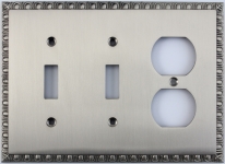 Egg & Dart Satin Nickel Three Gang Combo Plate - Two Toggle One Duplex Outlet