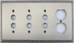 Egg & Dart Satin Nickel Four Gang Combo Plate - Three Push Button One Duplex Outlet