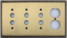 Egg & Dart Antique Brass Four Gang Combo Plate - Three Push Button One Duplex