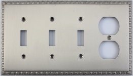 Egg & Dart Satin Nickel Four Gang Combo Plate - Three Toggle One Duplex Outlet