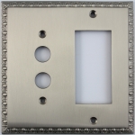 Egg & Dart Satin Nickel Two Gang Combo Plate - One Push Button One GFI Outlet/Rocker