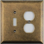 Jumbo Stamped Aged Antique Brass Two Gang Combo Wall Plate - One Toggle One Duplex
